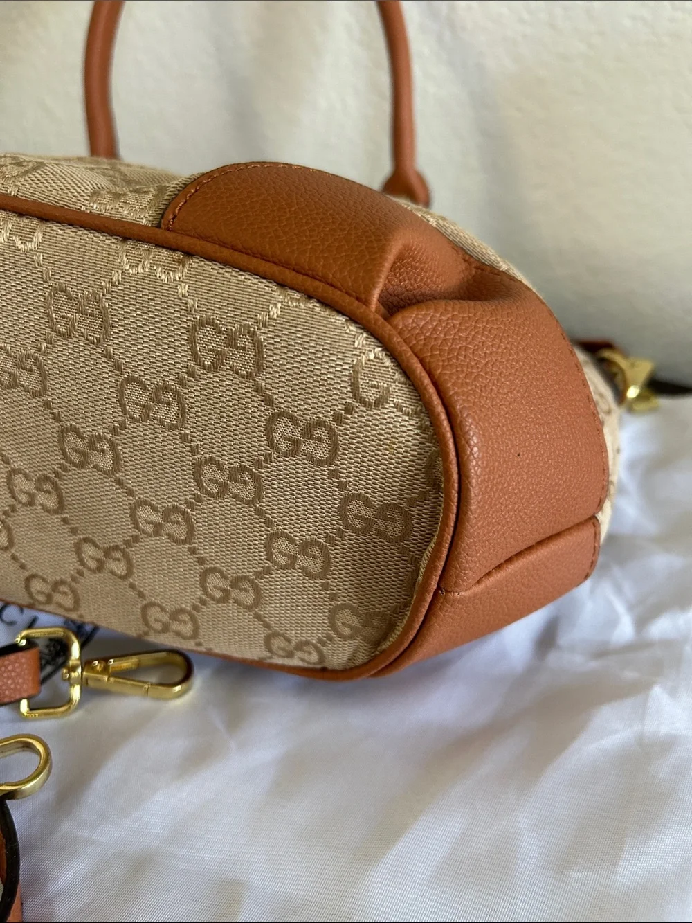 Beige Monogram Canvas Shoulder Bag with Brown Trim